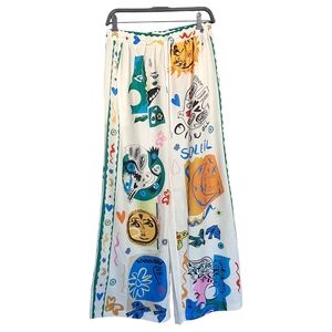 Whimsy Illustrated Wide Leg Trousers Size L Peace Moon Love Sun Dove